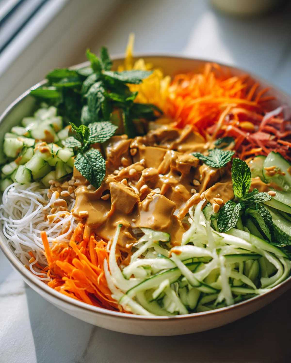 Close-up of a vibrant Spring Roll Bowl with Peanut Sauce, featuring vermicelli noodles, fresh mint, shredded carrots, cucumbers, and tofu.