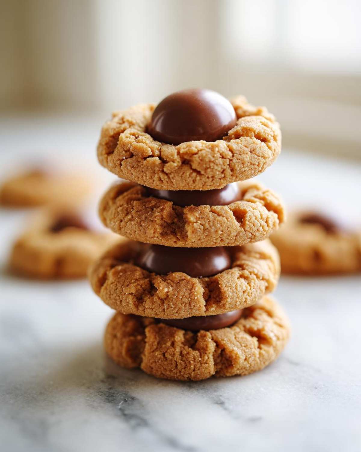A vertical stack of four delicious Peanut Butter Blossom Cookies topped with melted chocolate kisses on a marble surface.