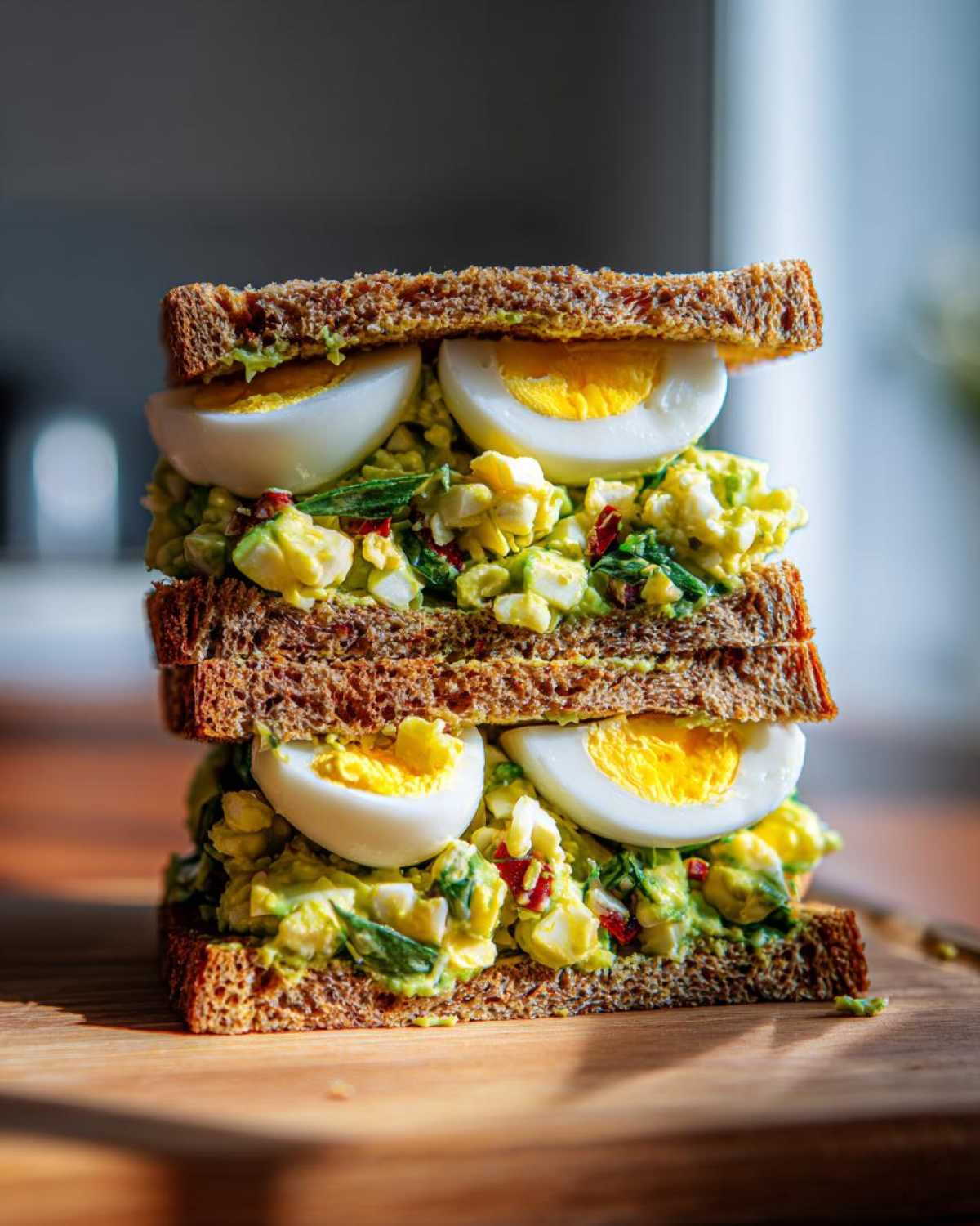 A tall, stacked Avocado Egg Salad Sandwich made with dark whole-grain bread and visible slices of hard-boiled egg.