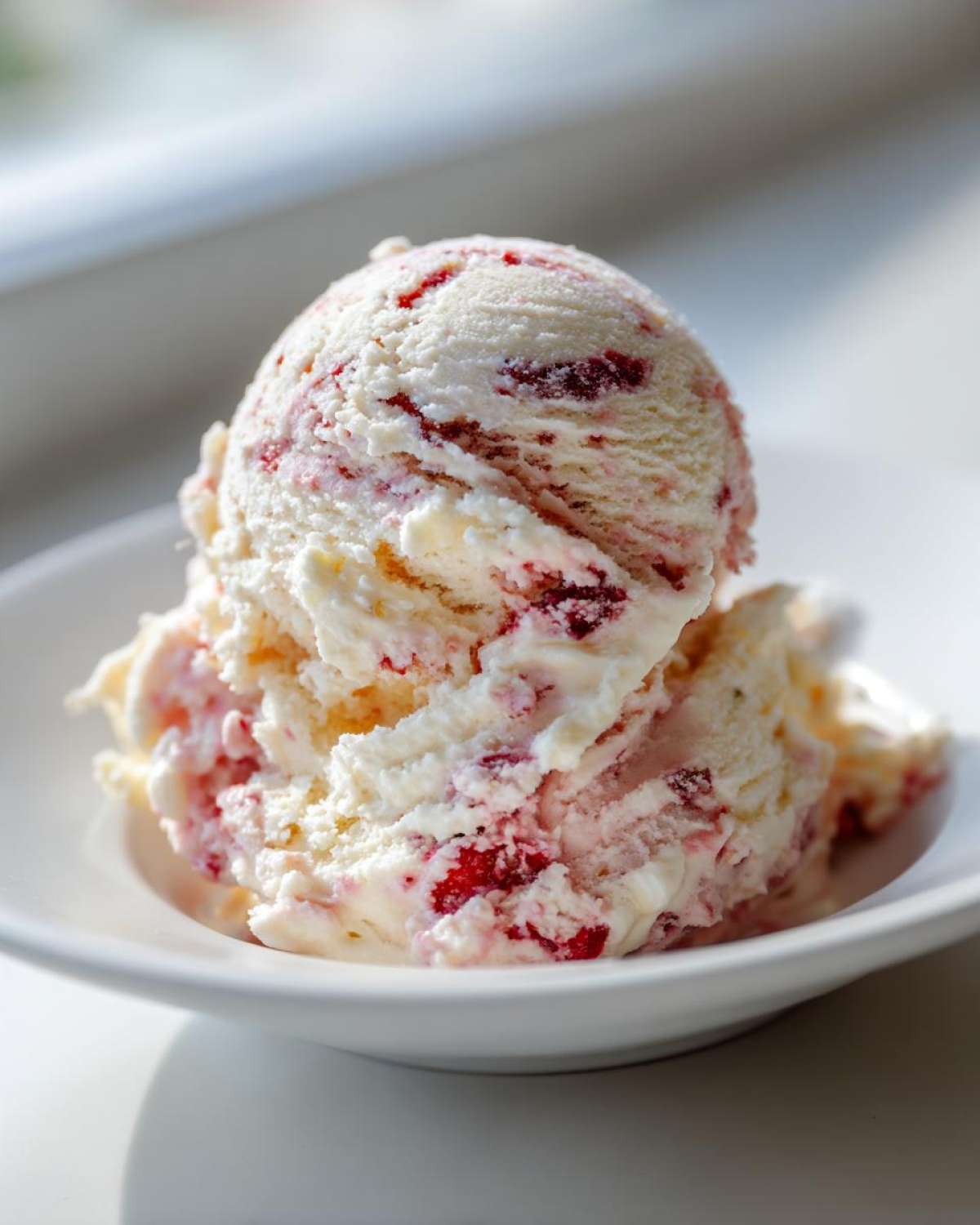 A close-up of two scoops of creamy Strawberry Banana Ice Cream with visible red strawberry pieces in a white bowl.