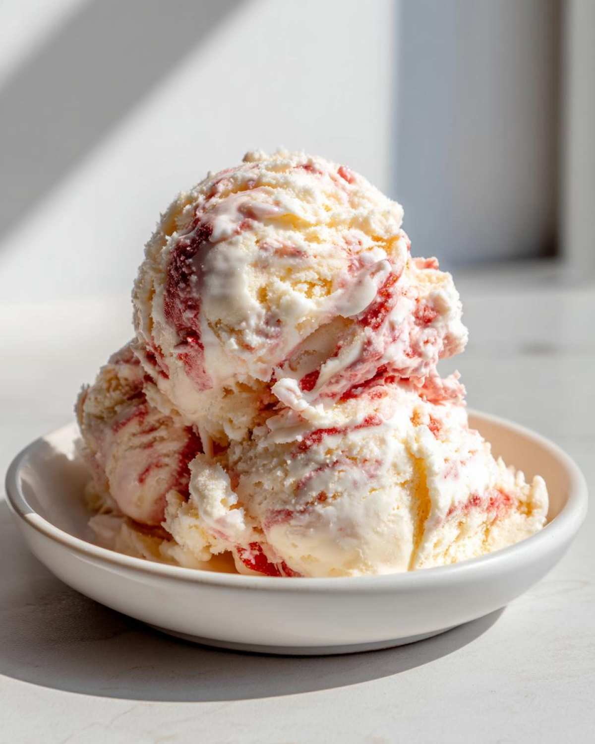 Three scoops of creamy Strawberry Banana Ice Cream swirled with red fruit puree in a small white bowl.