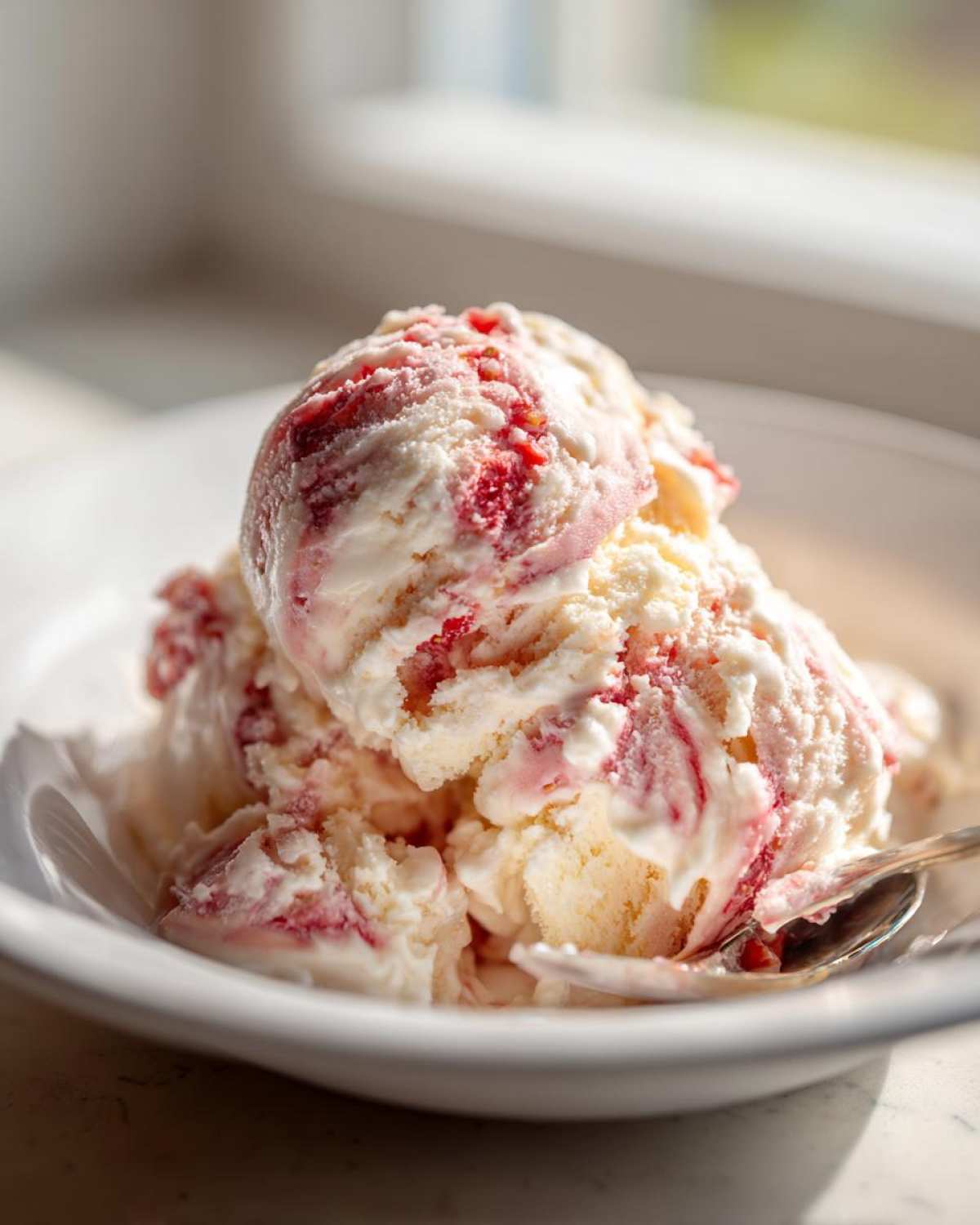 Close-up of creamy Strawberry Banana Ice Cream scoops with visible red fruit swirls in a white bowl.