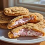 Close-up of Strawberry Cheesecake Stuffed Cookies, one broken open showing the pink, creamy filling.
