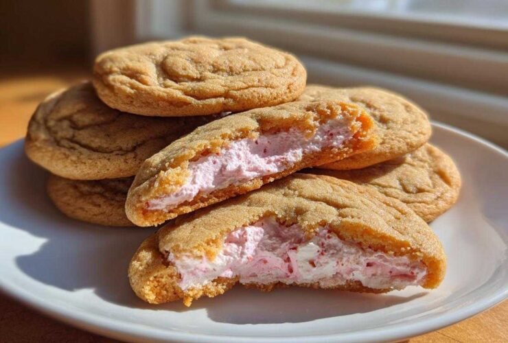 Close-up of Strawberry Cheesecake Stuffed Cookies, one broken open showing the pink, creamy filling.