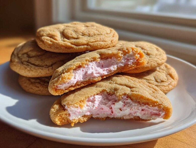 Close-up of Strawberry Cheesecake Stuffed Cookies, one broken open showing the pink, creamy filling.