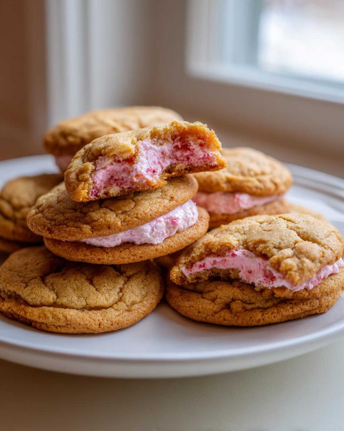A stack of golden brown Strawberry Cheesecake Stuffed Cookies, one broken open to show the pink, creamy filling.