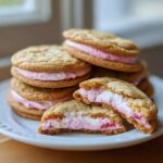 A stack of golden Strawberry Cheesecake Stuffed Cookies with a thick, pink and white creamy filling, one cookie broken open.
