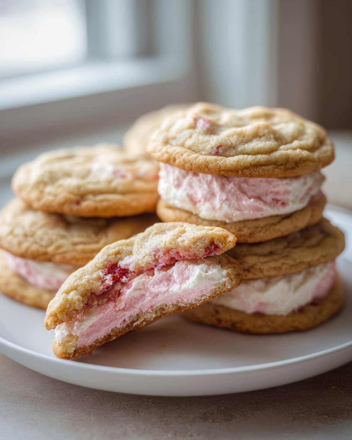 A stack of golden Strawberry Cheesecake Stuffed Cookies with a cross-section showing the pink and white creamy filling.