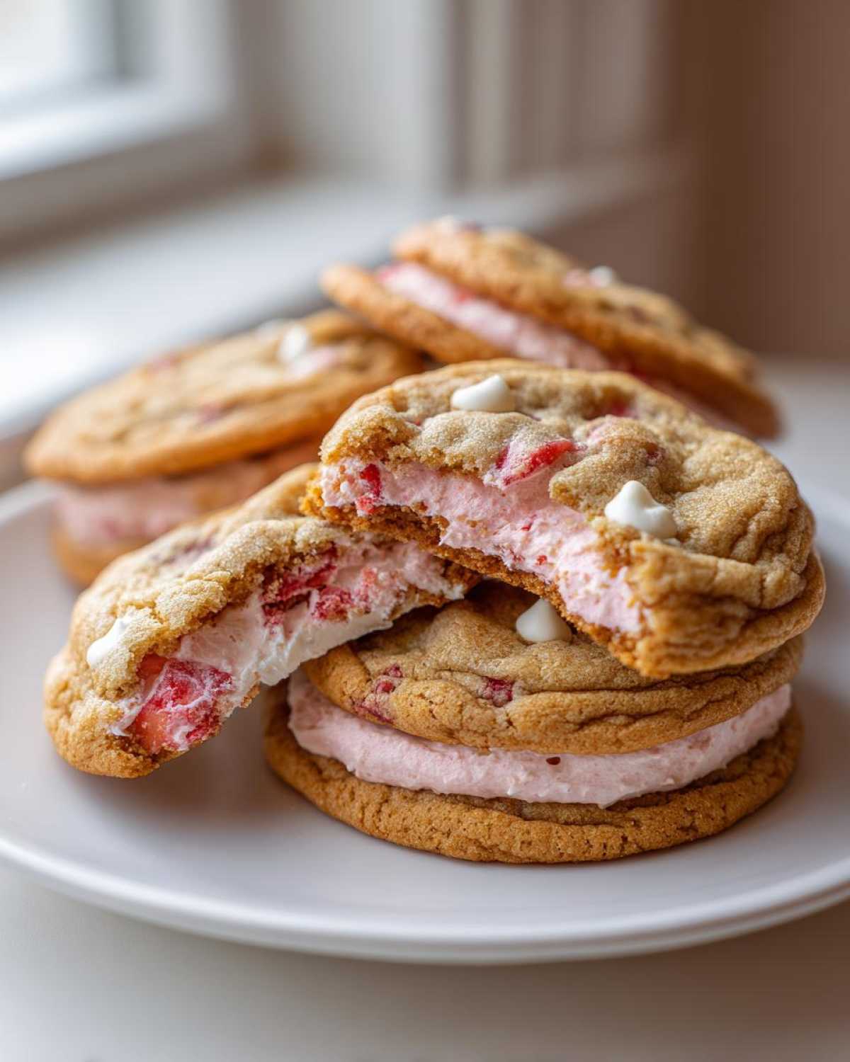 A stack of Strawberry Cheesecake Stuffed Cookies, with the top cookie broken open revealing pink strawberry filling and white chocolate chips.