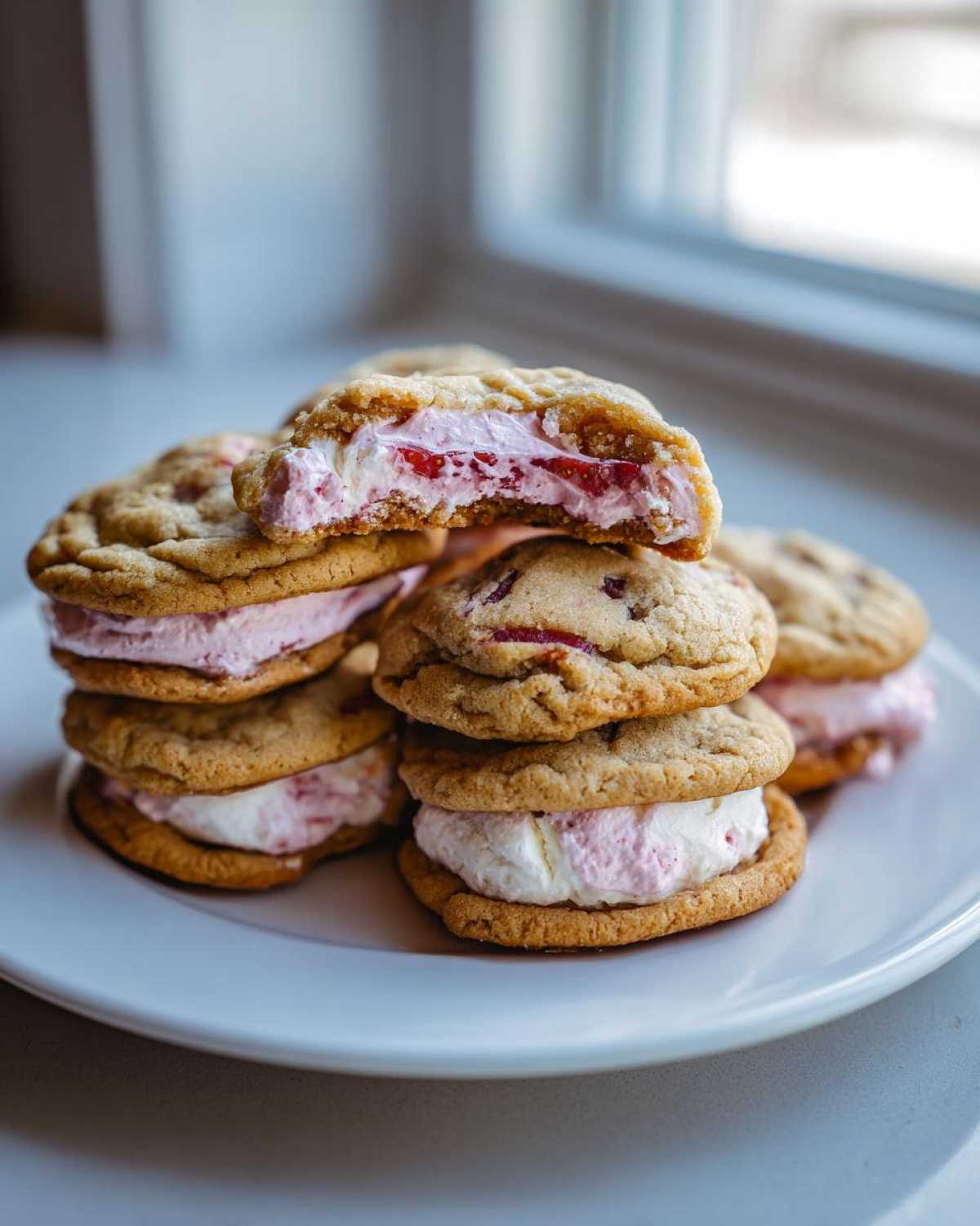 A stack of Strawberry Cheesecake Stuffed Cookies with a creamy pink filling, one cookie broken open showing the strawberry pieces.