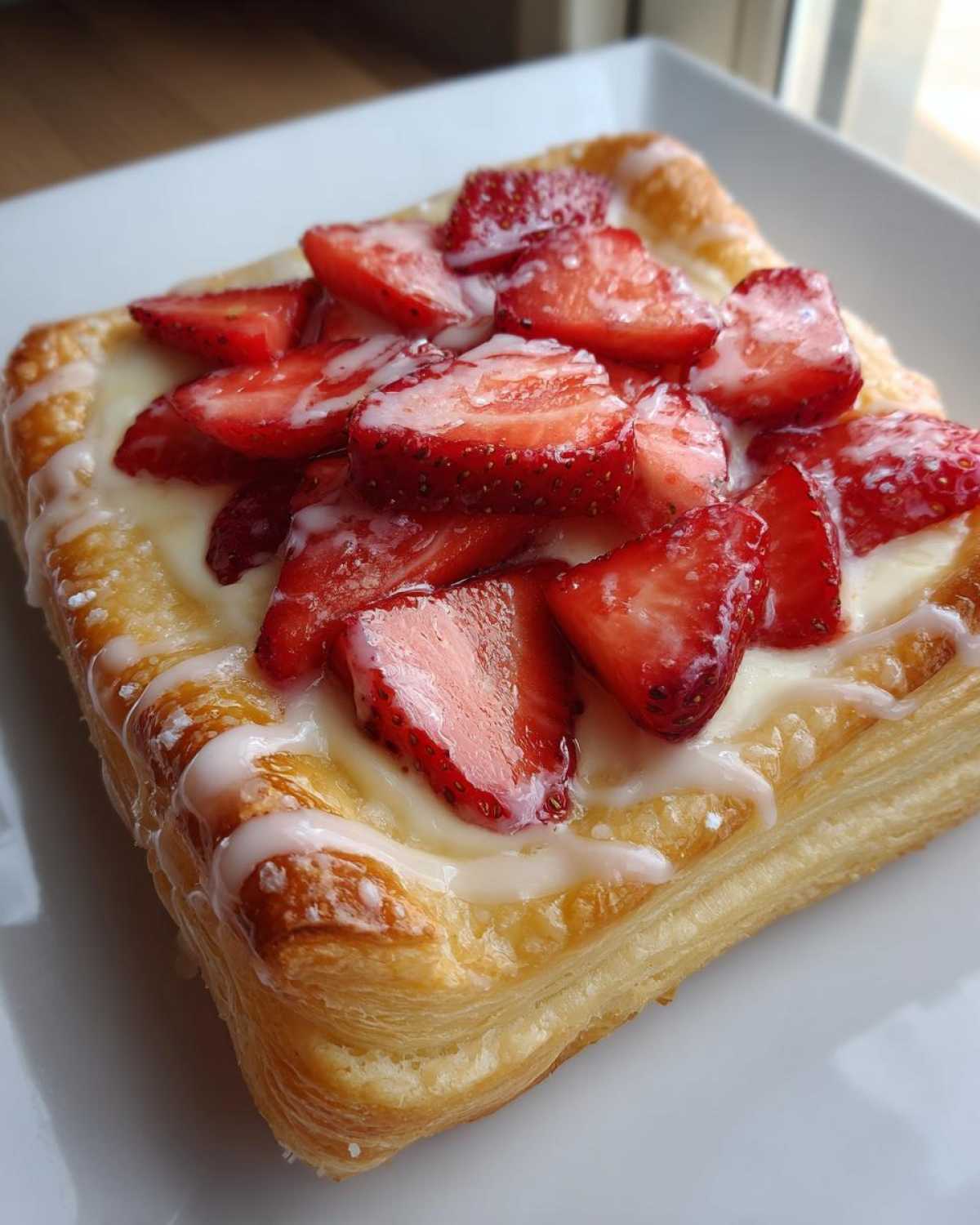 A close-up of a flaky pastry topped with cream cheese, sliced fresh strawberries, and a white glaze, representing a Strawberry Cream Cheese Danish.