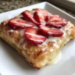 A close-up of a flaky Strawberry Cream Cheese Danish topped with sliced fresh strawberries and white icing.