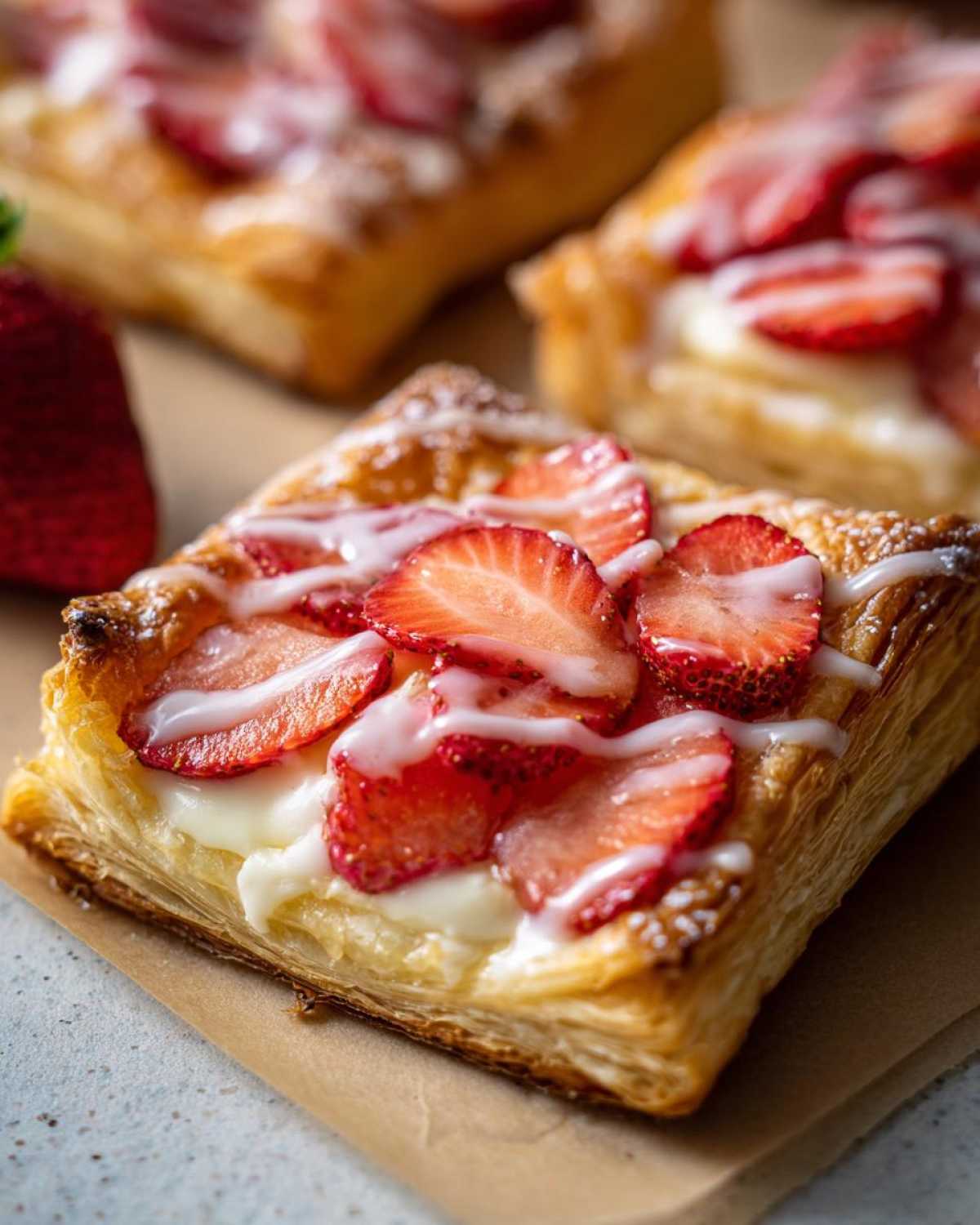 A close-up shot of a flaky Strawberry Cream Cheese Danish topped with sliced strawberries and white icing.