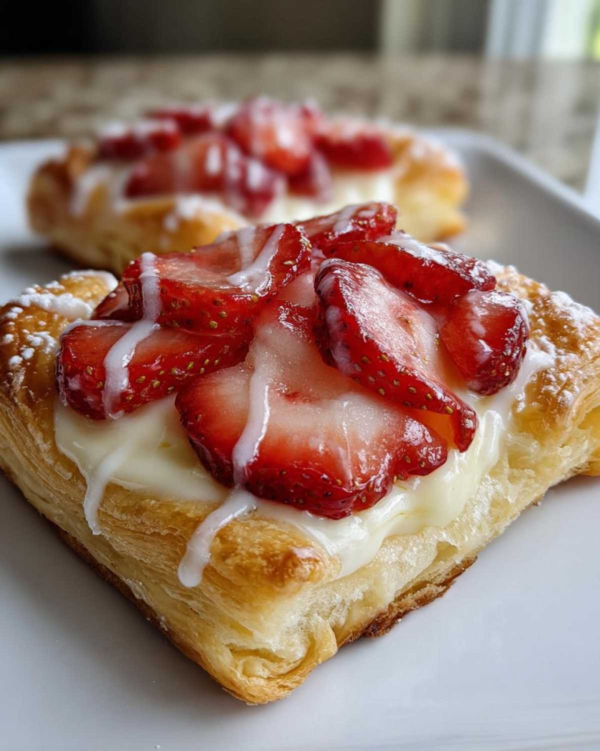 Close-up of a flaky Strawberry Cream Cheese Danish topped with cream cheese filling, sliced strawberries, and white icing drizzle.
