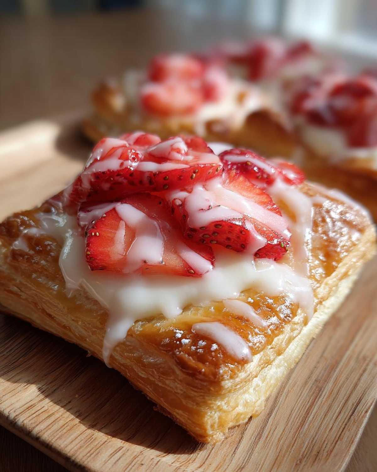 A close-up of a flaky Strawberry Cream Cheese Danish topped with sliced strawberries and white icing.