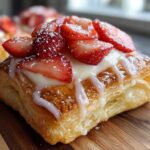 A close-up of a flaky Strawberry Cream Cheese Danish topped with fresh sliced strawberries and white icing drizzle.