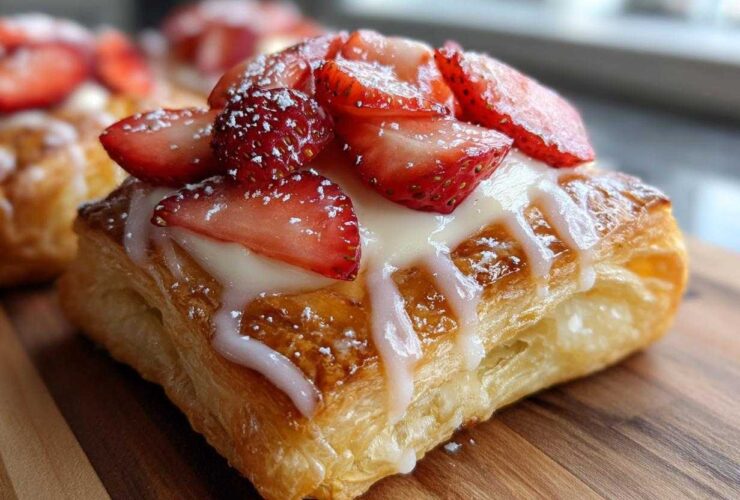 A close-up of a flaky Strawberry Cream Cheese Danish topped with fresh sliced strawberries and white icing drizzle.