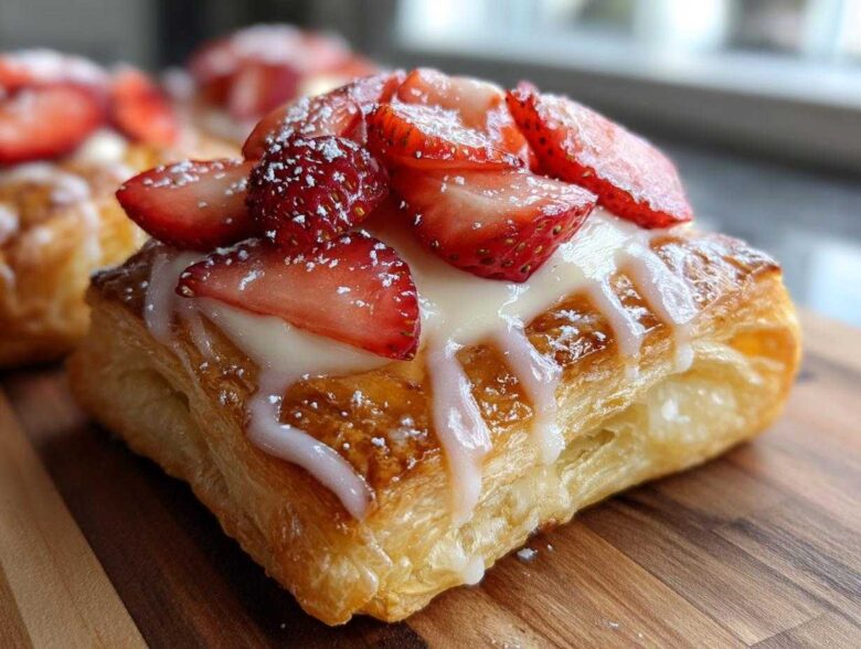 A close-up of a flaky Strawberry Cream Cheese Danish topped with fresh sliced strawberries and white icing drizzle.