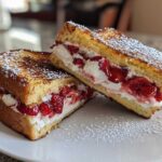 Two halves of Strawberry Cream Cheese Stuffed French Toast, dusted with powdered sugar, on a white plate.