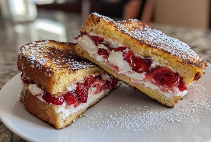 Two halves of Strawberry Cream Cheese Stuffed French Toast, dusted with powdered sugar, on a white plate.