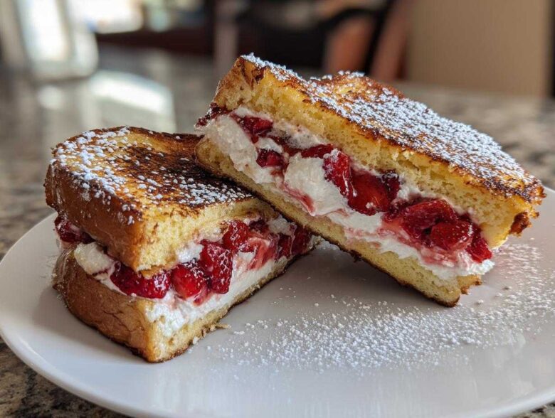 Two halves of Strawberry Cream Cheese Stuffed French Toast, dusted with powdered sugar, on a white plate.