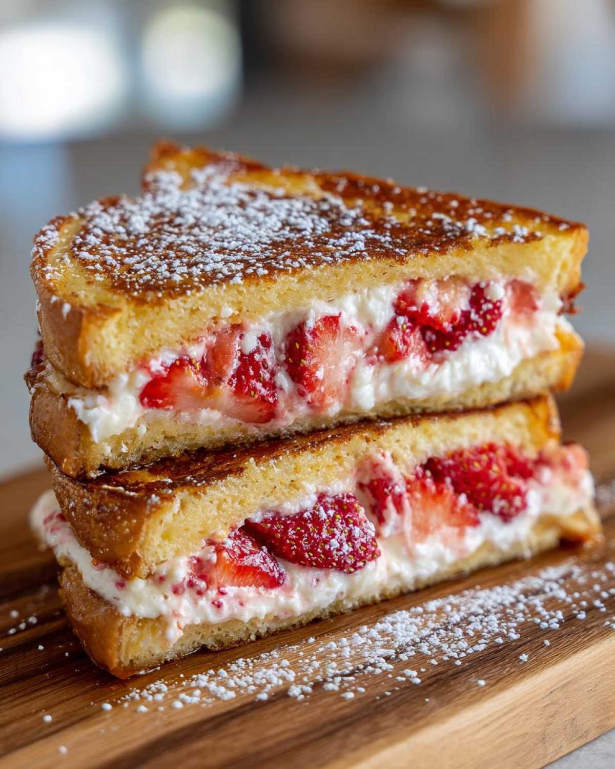 Two stacked halves of golden brown Strawberry Cream Cheese Stuffed French Toast dusted with powdered sugar.