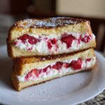 Two halves of Strawberry Cream Cheese Stuffed French Toast stacked, showing creamy filling and strawberries, dusted with powdered sugar.