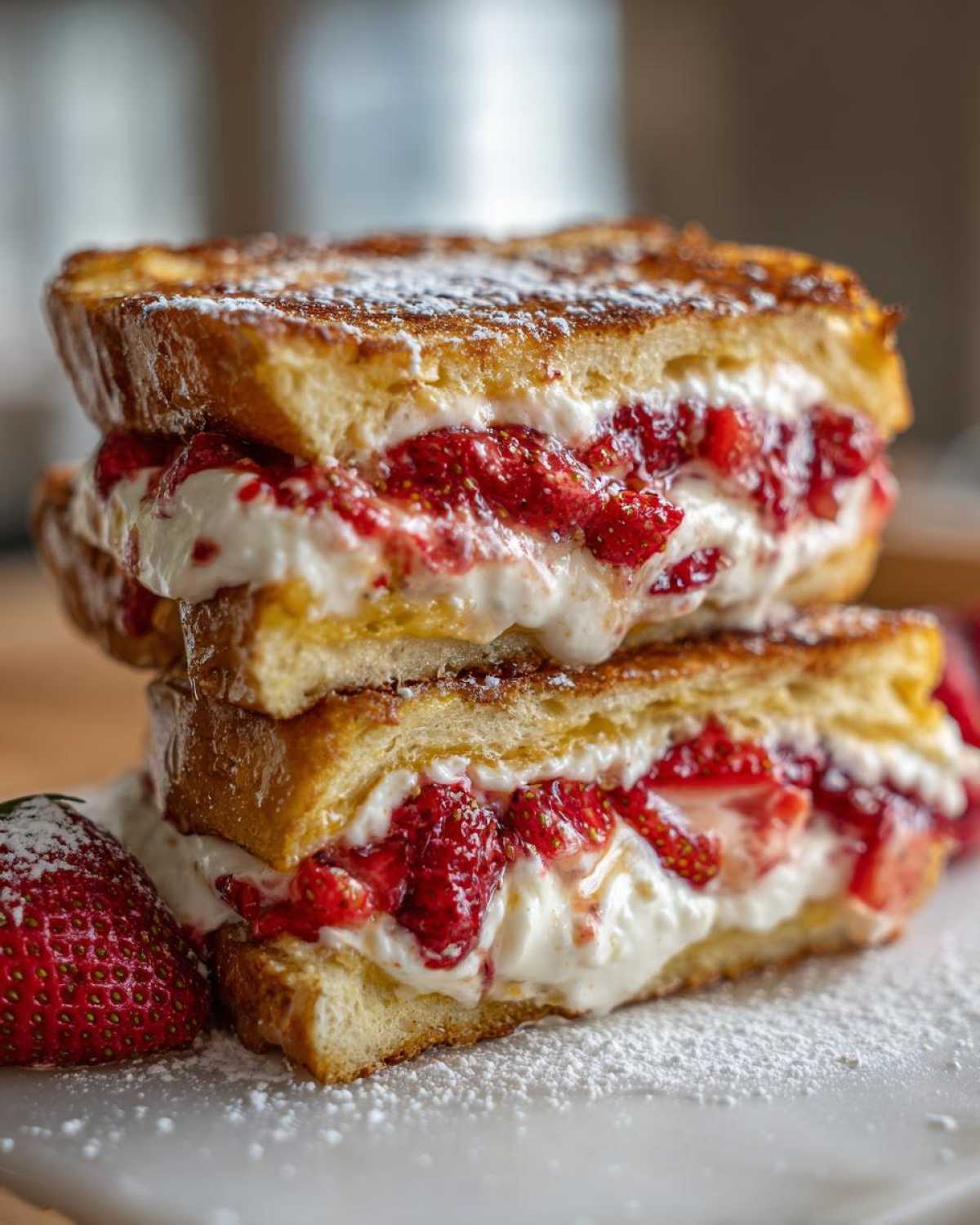 Two stacked slices of golden brown Strawberry Cream Cheese Stuffed French Toast overflowing with filling and dusted with powdered sugar.