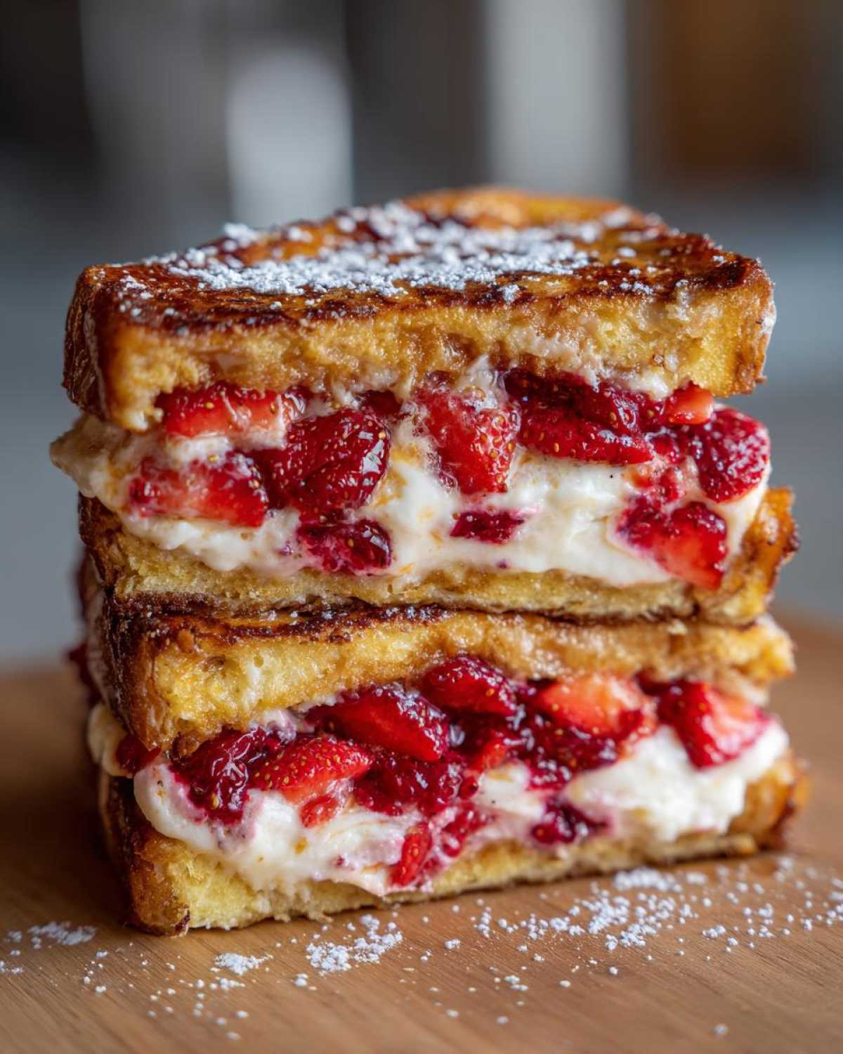 Close-up of stacked Strawberry Cream Cheese Stuffed French Toast dusted with powdered sugar.
