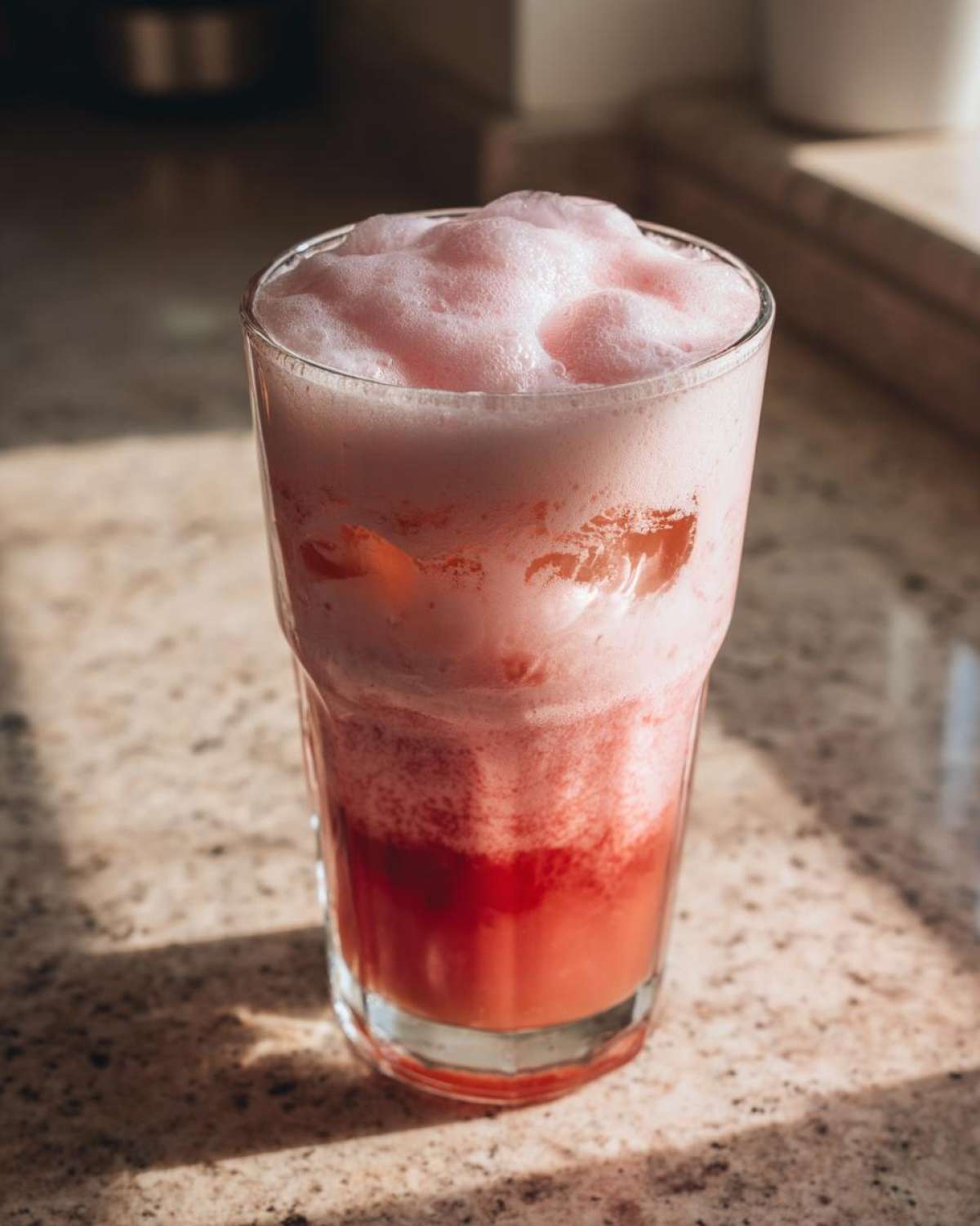 A tall glass filled with layered Strawberry Cream Cold Brew, showing a vibrant red bottom layer and thick pink foam on top.