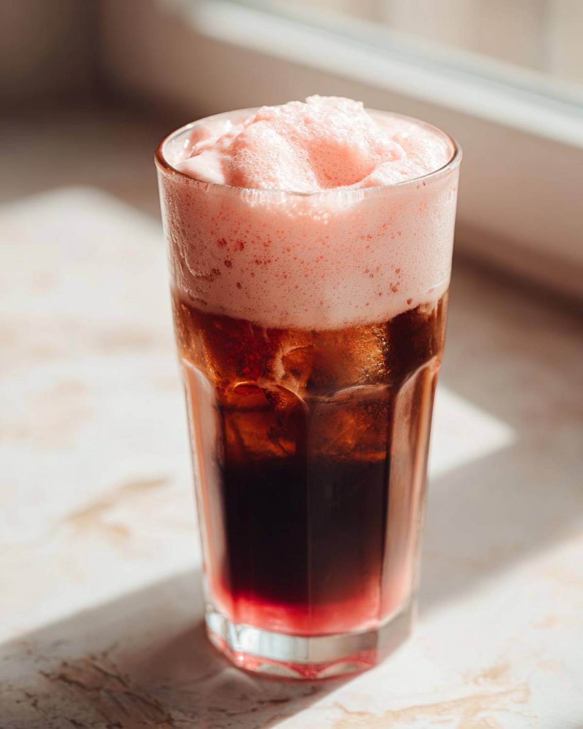 A tall glass of Strawberry Cream Cold Brew with dark coffee, ice, and a thick layer of pink, frothy cream on top.