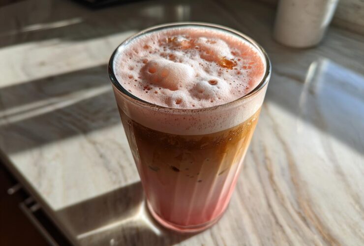 A glass of layered Strawberry Cream Cold Brew with pink foam topping, sitting on a sunlit marble counter.