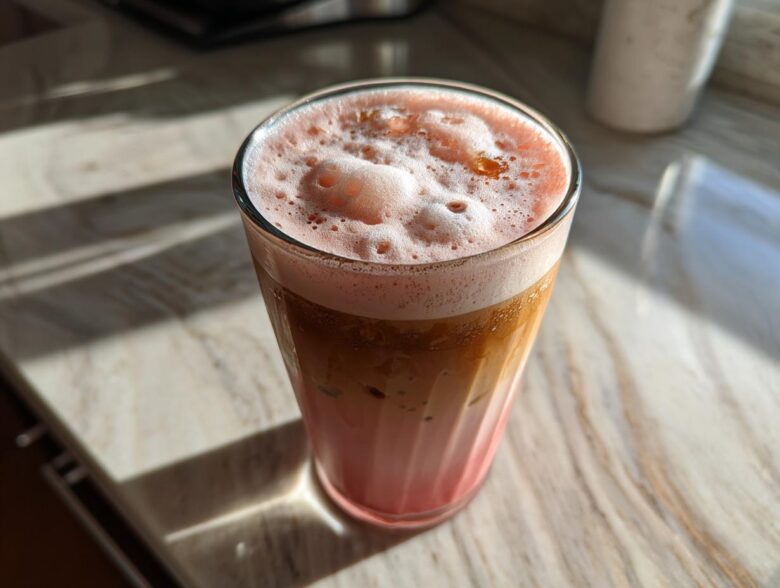A glass of layered Strawberry Cream Cold Brew with pink foam topping, sitting on a sunlit marble counter.