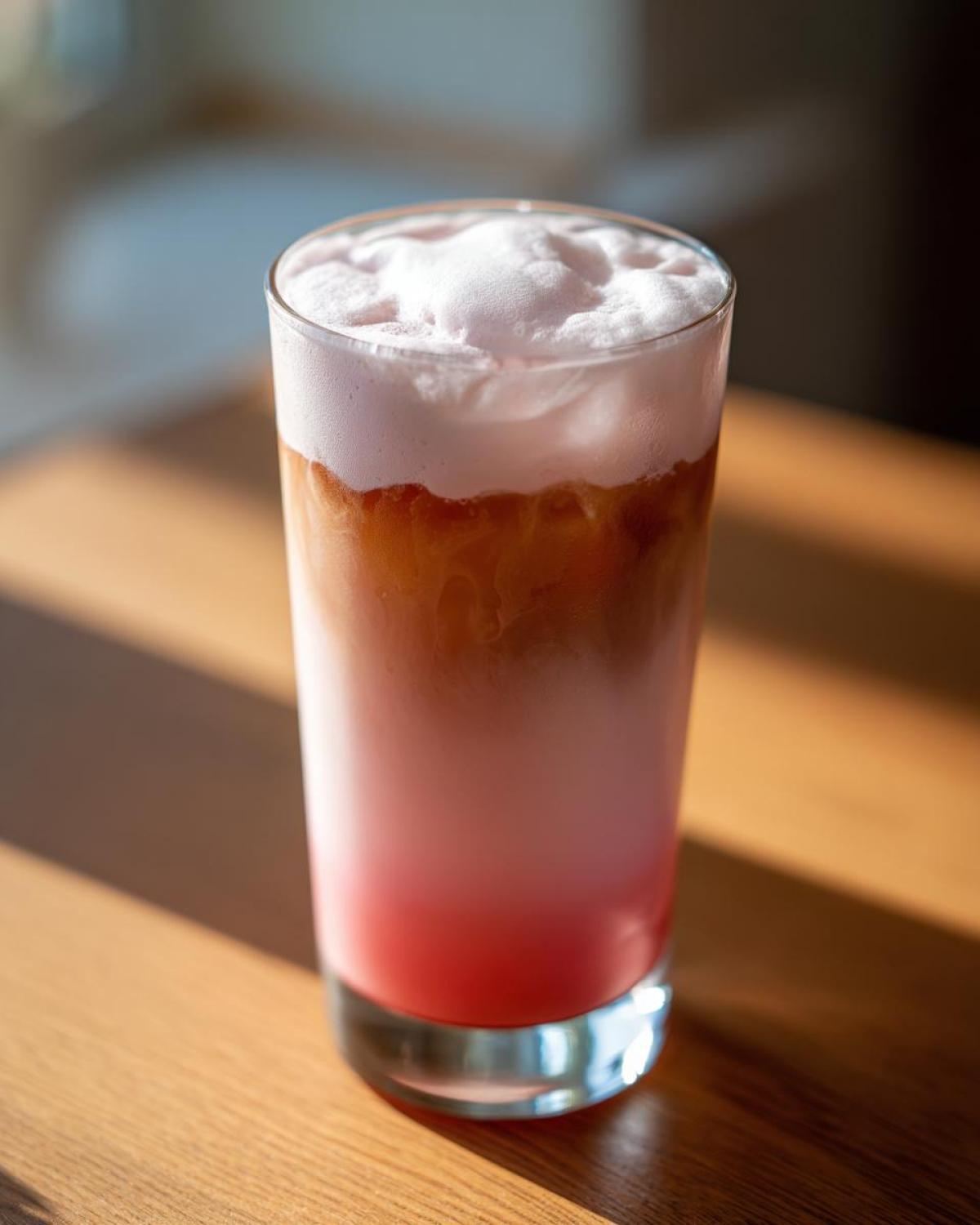Close-up of a layered Strawberry Cream Cold Brew with pink foam topping on a wooden table.