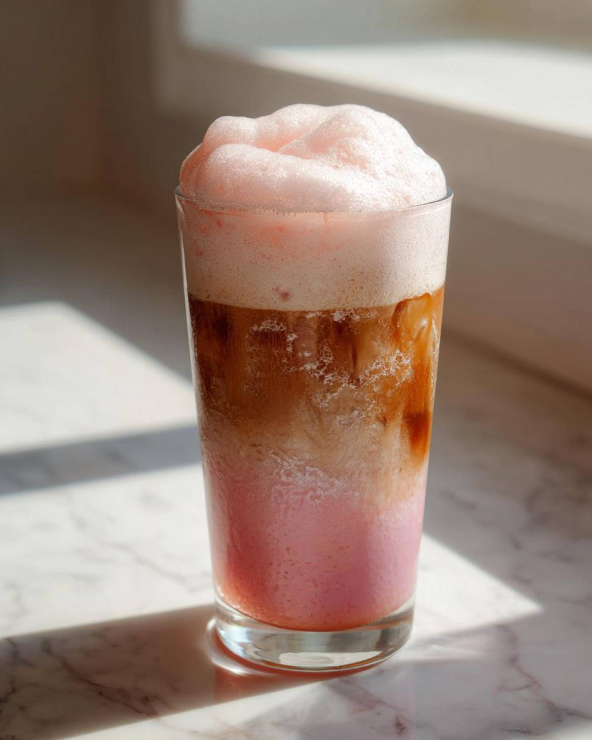 A tall glass showing the layers of Strawberry Cream Cold Brew, with pink cream on the bottom and coffee mixing above.