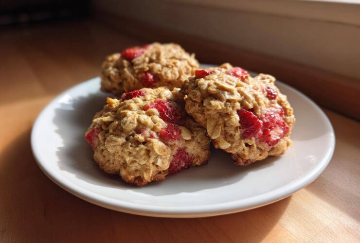 Three freshly baked Strawberry Oatmeal Breakfast Cookies studded with bright red fruit pieces, resting on a white plate.
