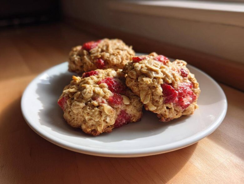 Three freshly baked Strawberry Oatmeal Breakfast Cookies studded with bright red fruit pieces, resting on a white plate.