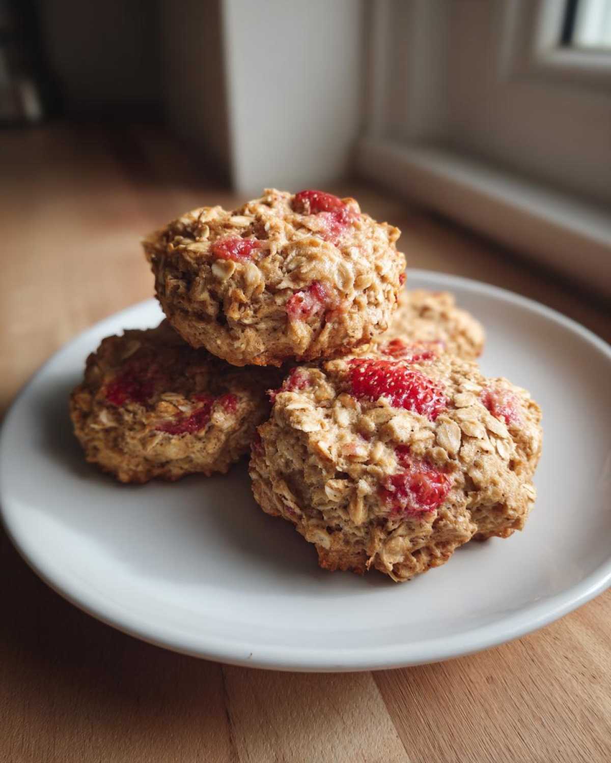 A stack of three hearty Strawberry Oatmeal Breakfast Cookies topped with visible pieces of baked strawberry on a white plate.