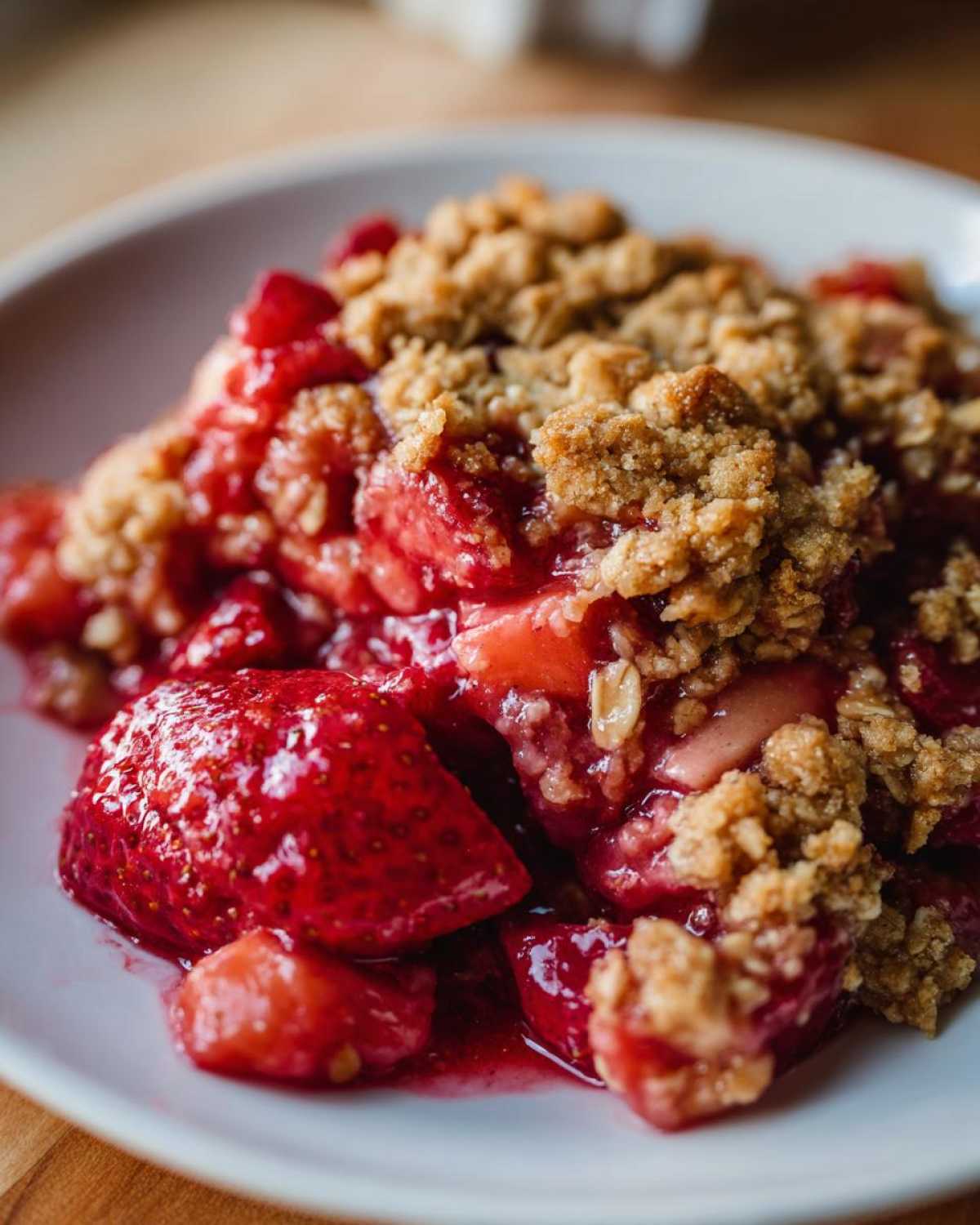Close-up of a serving of Strawberry Rhubarb Crisp showing bright red strawberries and crunchy oat topping.