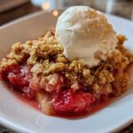 A close-up of a warm serving of Strawberry Rhubarb Crisp topped with a scoop of melting vanilla ice cream.