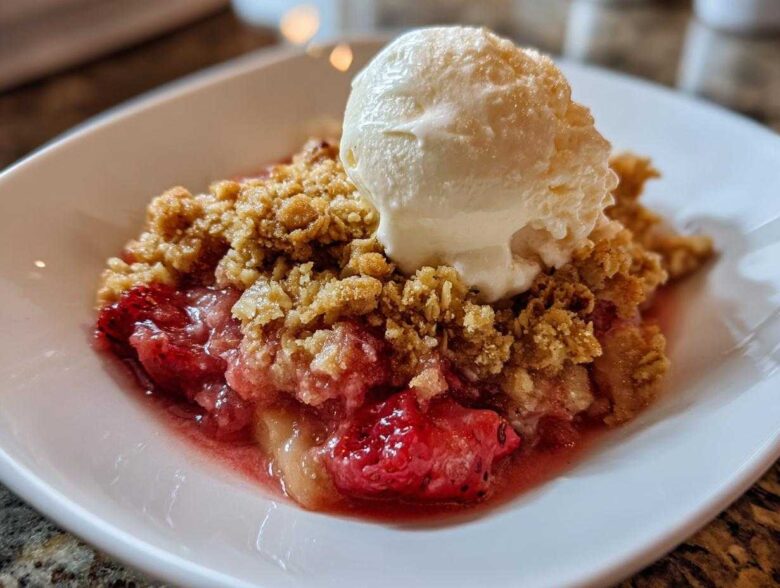 A close-up of a warm serving of Strawberry Rhubarb Crisp topped with a scoop of melting vanilla ice cream.