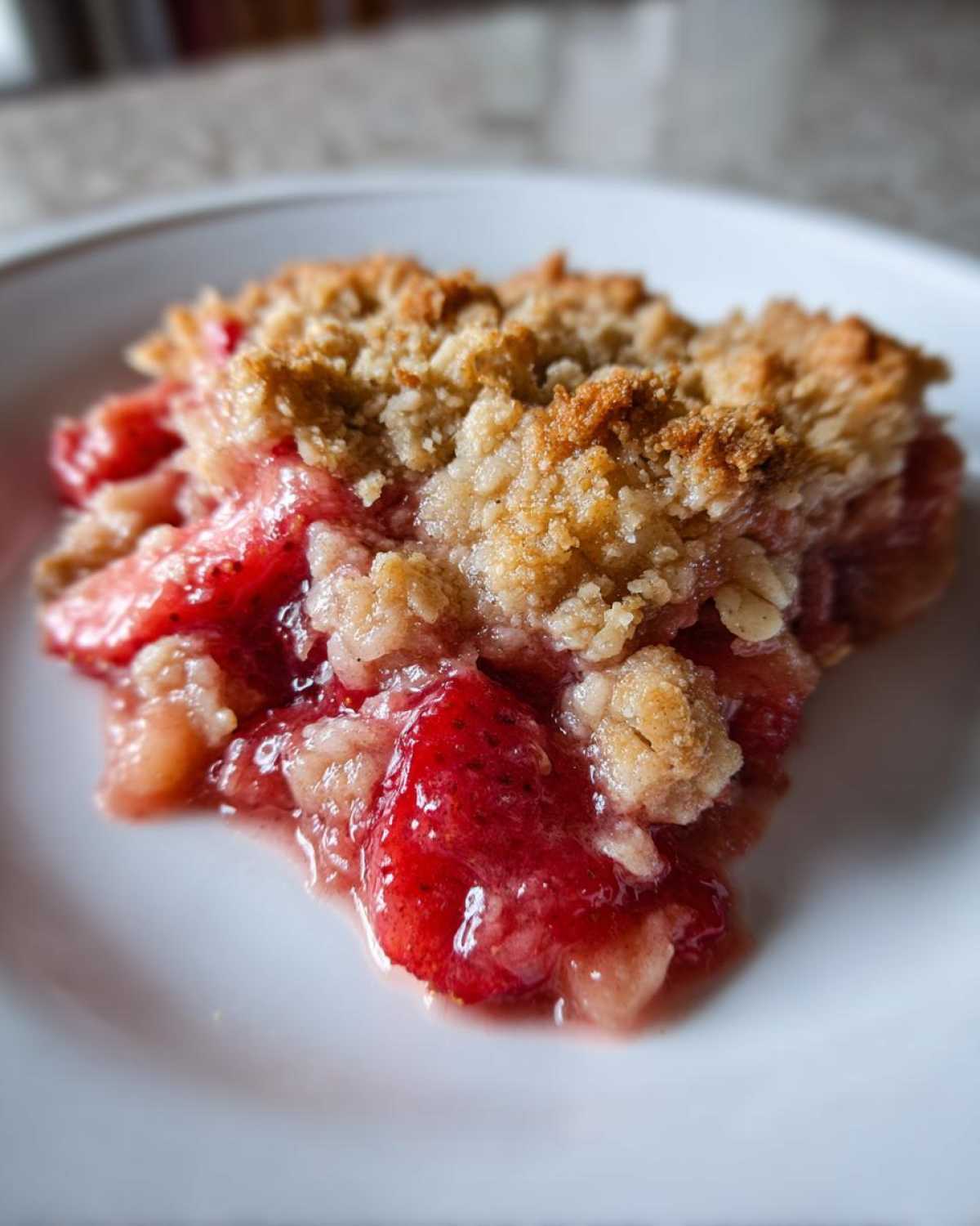 Close-up of a warm serving of Strawberry Rhubarb Crisp showing juicy red fruit filling and golden brown crumble topping on a white plate.