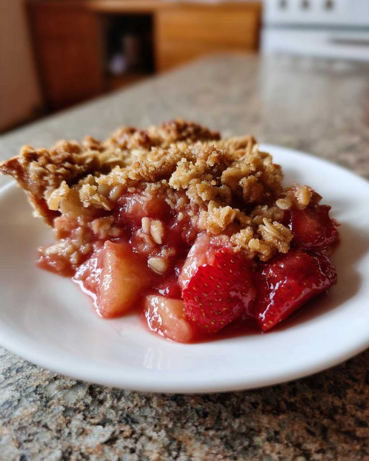 A close-up of a serving of warm Strawberry Rhubarb Crisp on a white plate, showing juicy fruit and crumbly topping.