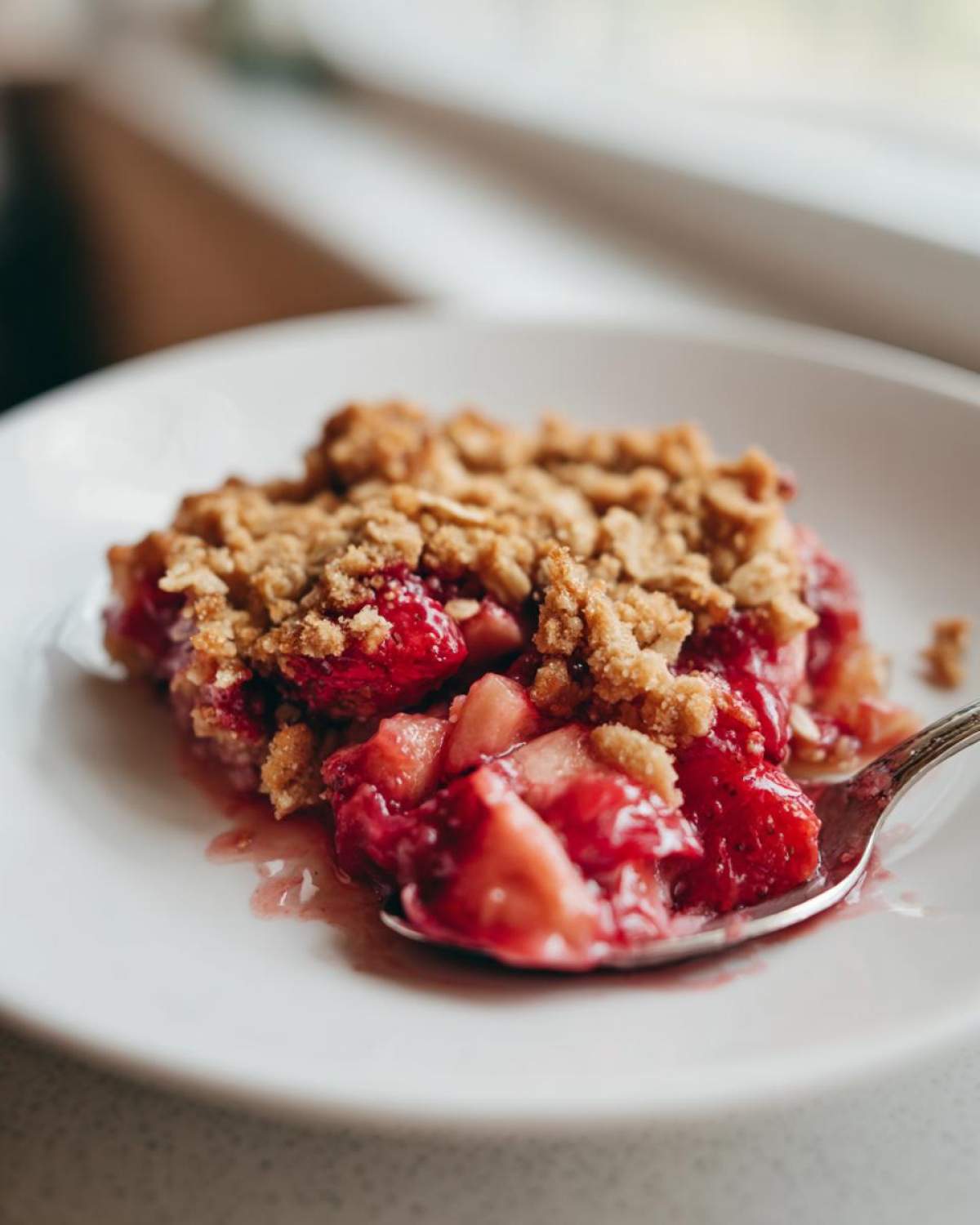 Close-up of a spoonful of warm Strawberry Rhubarb Crisp showing juicy fruit filling and crunchy topping.