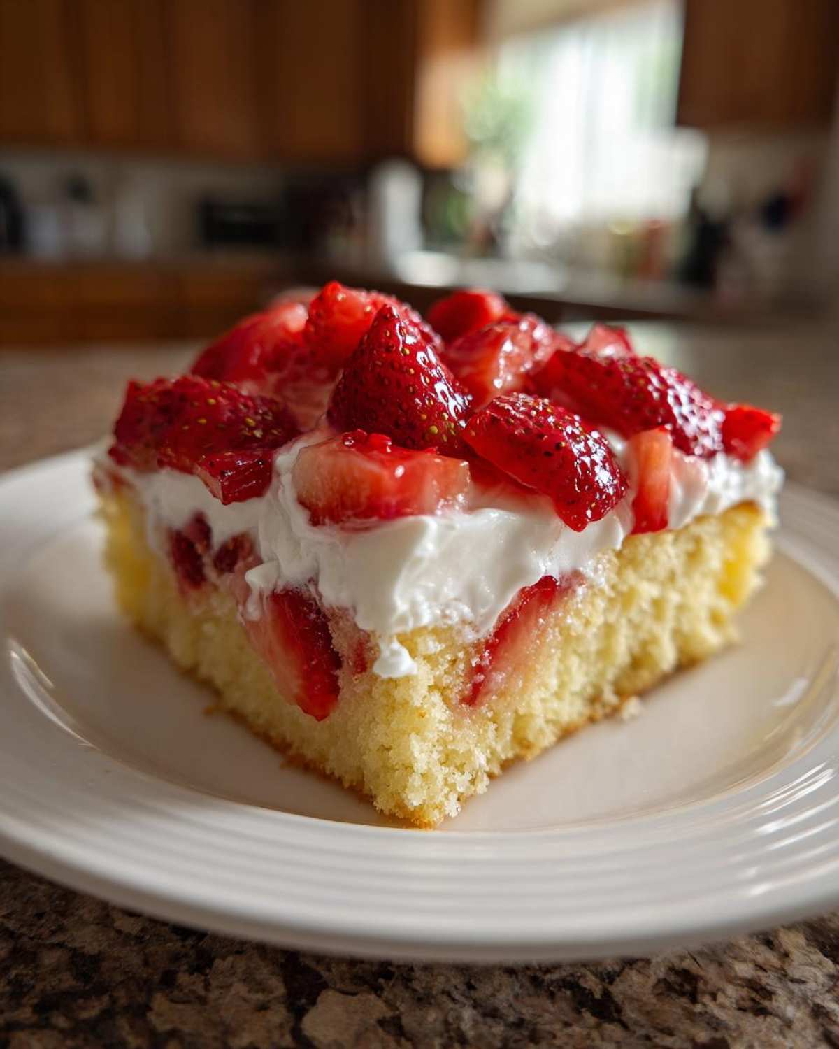 A close-up of a square slice of Strawberry Shortcake Sheet Cake topped with fresh strawberries and whipped cream on a white plate.