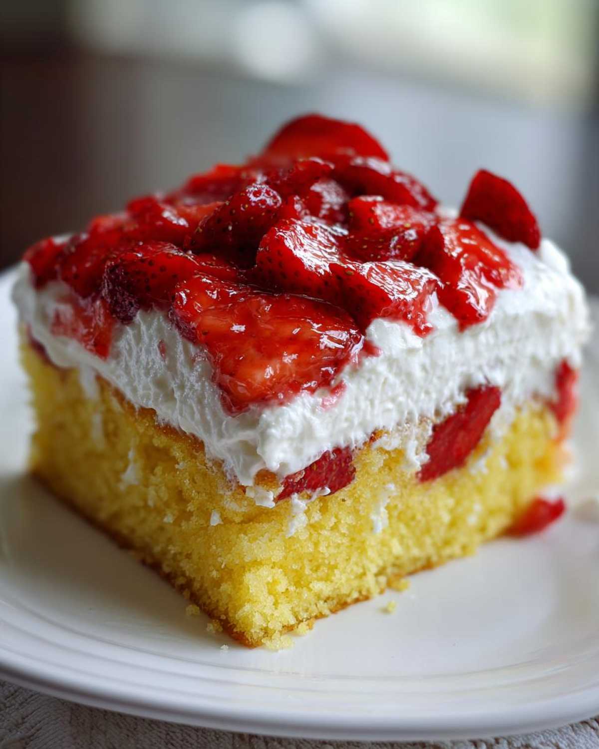 Close-up of a moist slice of Strawberry Shortcake Sheet Cake with yellow sponge, white cream, and glazed strawberries.