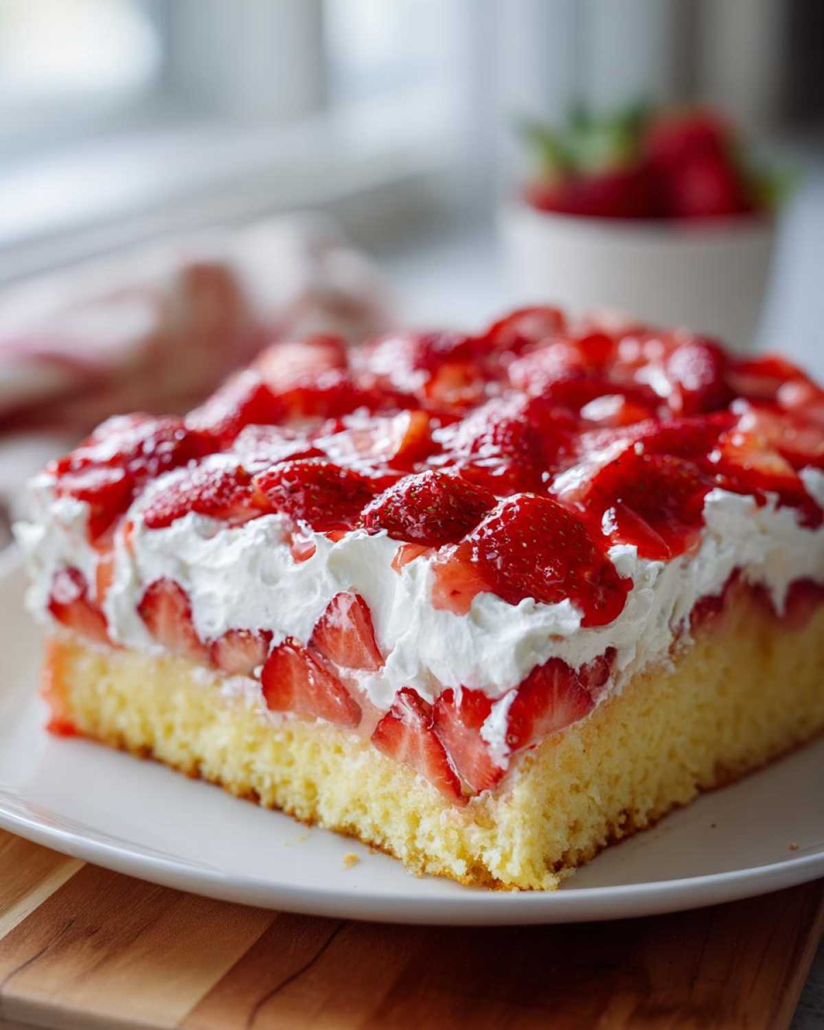 Close-up of a square slice of Strawberry Shortcake Sheet Cake featuring yellow cake, whipped cream, and glazed strawberries.