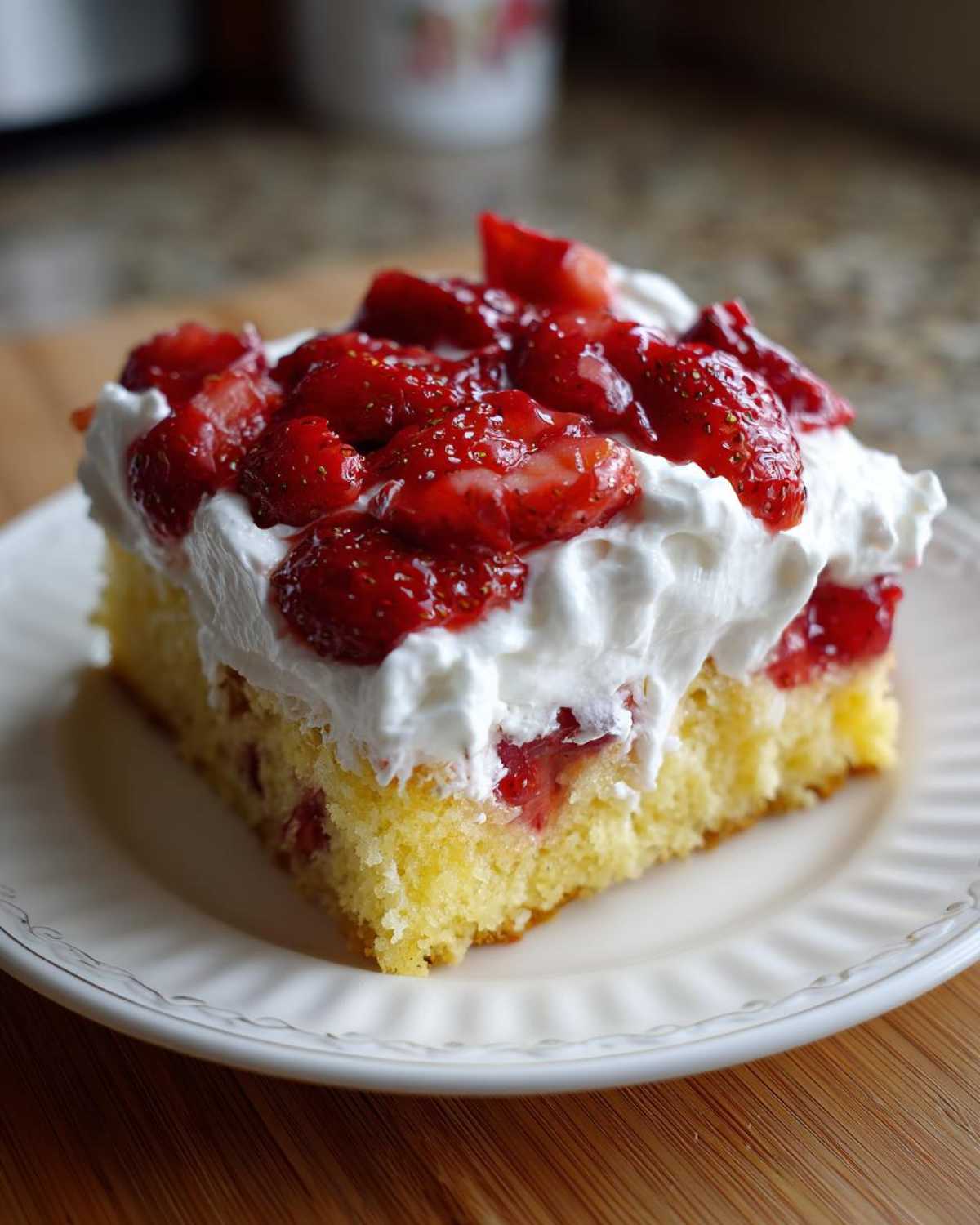 A generous slice of moist Strawberry Shortcake Sheet Cake topped with whipped cream and macerated strawberries.