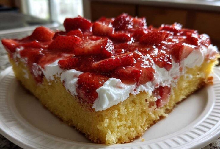 A close-up of a moist slice of Strawberry Shortcake Sheet Cake with whipped cream and fresh glazed strawberries.