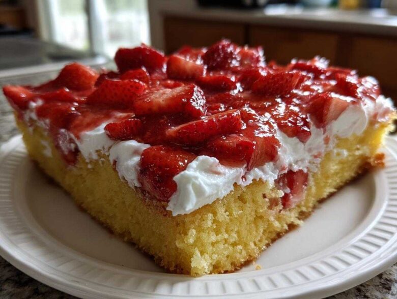 A close-up of a moist slice of Strawberry Shortcake Sheet Cake with whipped cream and fresh glazed strawberries.